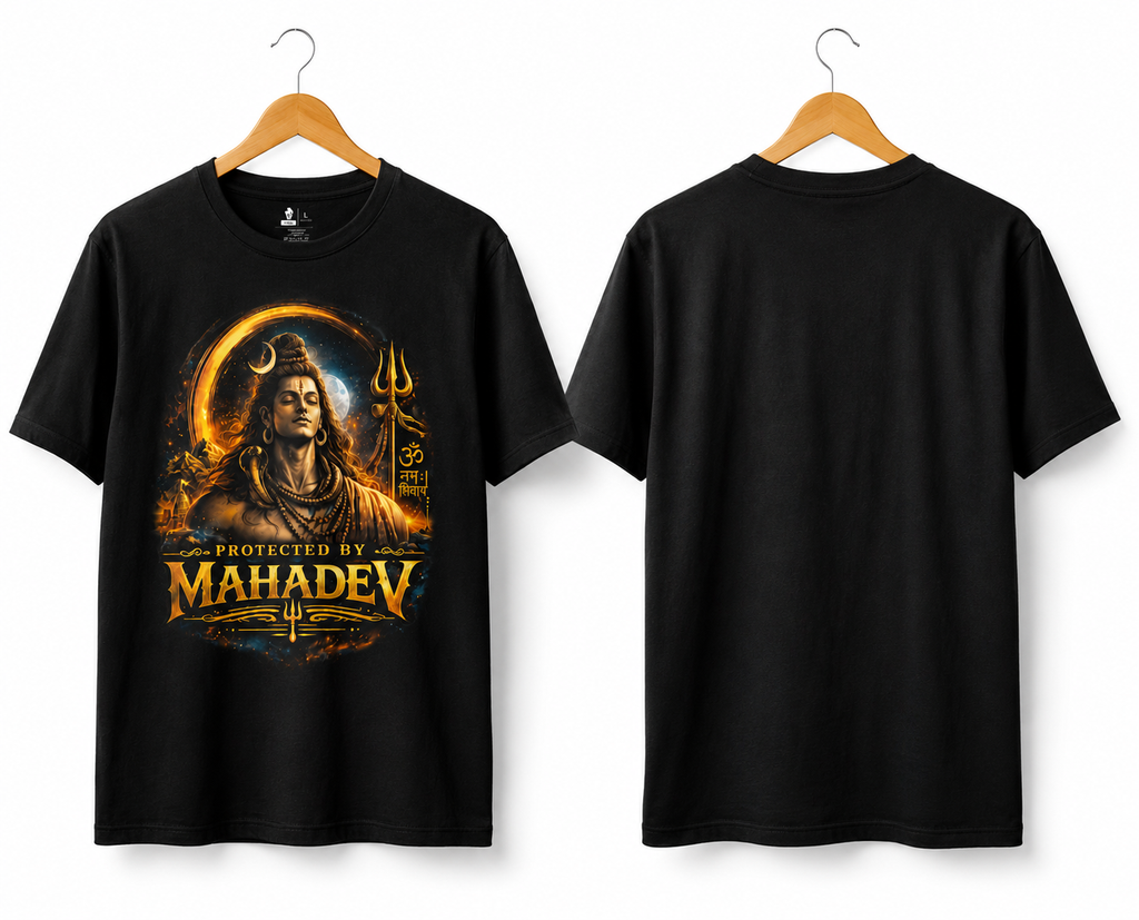 Protected by Mahadev – Premium Black Graphic T-Shirt | Regular Fit | Unisexx Standard Crew T-Shirt