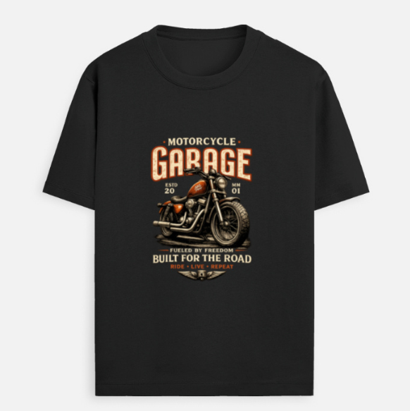 Motorcycle Garage Regular Fit Black T-Shirt | Vintage Biker Graphic | Unisex