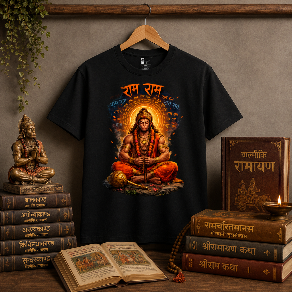 Ram Ram Hanuman Meditation Premium Black T-Shirt | Spiritual Graphic Tee | Regular Fit UnisexUnisex Standard Crew T-Shirt