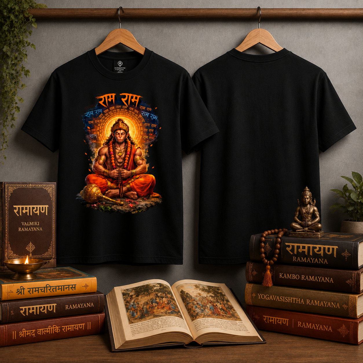 Ram Ram Hanuman Meditation Premium Black T-Shirt | Spiritual Graphic Tee | Regular Fit UnisexUnisex Standard Crew T-Shirt