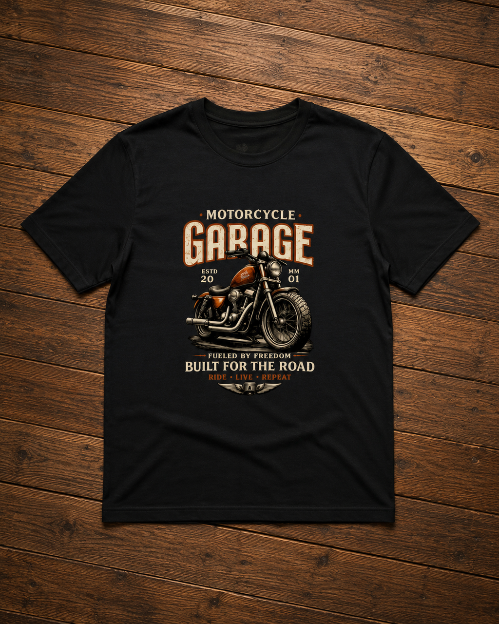Motorcycle Garage Regular Fit Black T-Shirt | Vintage Biker Graphic | Unisex