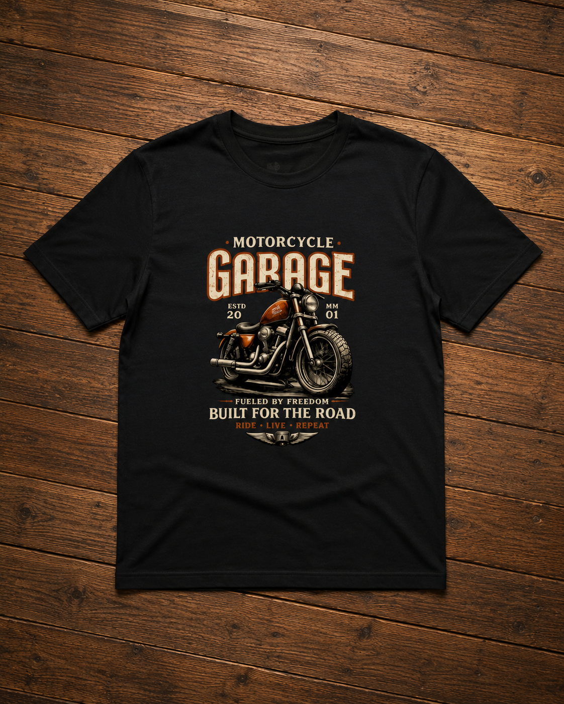 Motorcycle Garage Regular Fit Black T-Shirt | Vintage Biker Graphic | Unisex